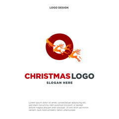 Deer Logo. Red Shape Initial Letter O with Negative Space Jumping Deer Silhouette inside isolated on Grey Background. Flat Vector Logo Design Template Element.