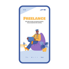 Freelance worker mobile app onboarding banner template. Cartoon man with laptop sitting on bean chair and working from home, flat isolated vector illustration.