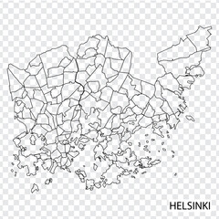 High Quality map of Helsinki is a city  Finland, with borders of the regions. Map of Helsinki for your web site design, app, UI. EPS10.