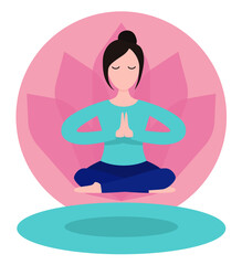 Fototapeta na wymiar Meditation flat design icon. Woman meditating in lotus pose. Yoga asana. Namaste