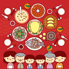 Chinese New Year Eve, Family Reunion Dinner Vector Illustration with traditional festival dishes.