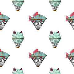 Vector seamless pattern with silly fantastic fish-aerostats