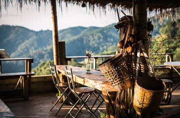 A coffee shop decorated with local wickerwork at Akha hill tribe village, Ban Phahee, Chiang Rai Province