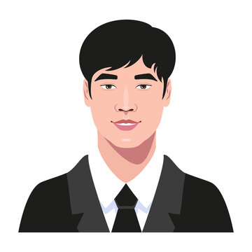 Young handsome Asian guy in a business suit avatar. Smiling young man portrait. Vector Illustration.