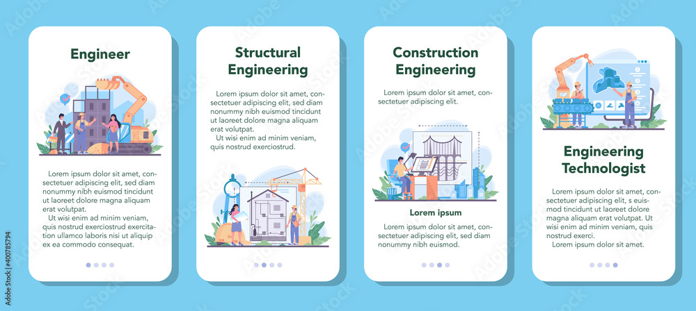 Wall mural engineering mobile application banner set. technology and science.