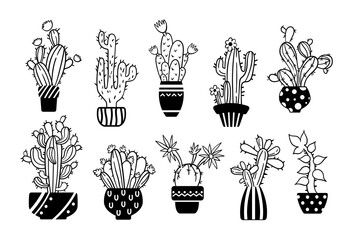 Black white line handdrawn cactus and succulent clipart - isolated potted cacti images on white background, vector bundle with desert palnts, black glyph hand made icons set