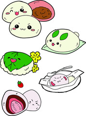 Set of Japanese moji or mochi with cute style.