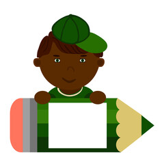 Happy boy with green pencil with frame for text