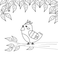 coloring page for kid ,cute bird stand on branch of tree.