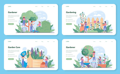 Gardener web banner or landing page set. Idea of horticultural designer business