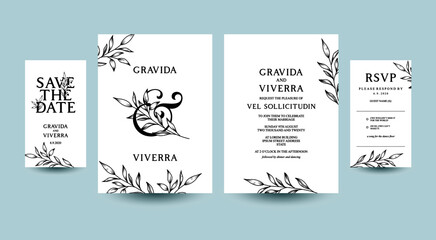 Floral illustration line art design. Wedding card invitation, ampersand lettering. Vintage theme vector illustration.