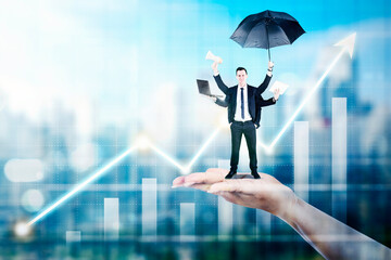 Caucasian businessman doing multitask on hand