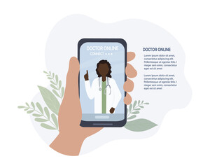 The doctor on the cell phone screen talks online with the patient. Video communication and messages. Medical consultations, exams, treatment, services, health care, conferences online. for clinic webs