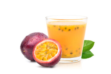 Glass of Purple passion fruit juice with cut in half  isolated on white background..