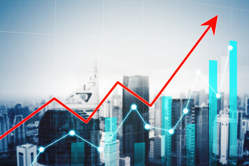 Growth graph and upward arrow with modern city