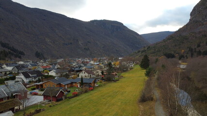 view from the top of the mountain from L&aelig;rdal city in Norway
