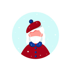 Elderly gray-haired woman in a red beret and a medical mask in the winter on the street. Winter background, snowfall. Personal protective equipment against coronavirus. Vector illustration