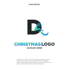 Deer Logo. Blue Shape Initial Letter D with Negative Space Jumping Deer Silhouette inside isolated on Grey Background. Flat Vector Logo Design Template Element.