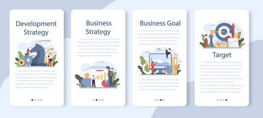 Development strategy mobile application banner set. Business planning.