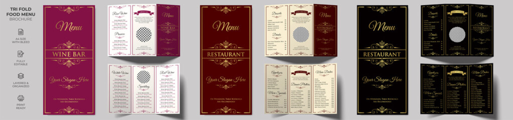 Vector Tri-fold Food Menu Brochure Template, Wine Menu Brochure Template simple style and modern layout - obrazy, fototapety, plakaty