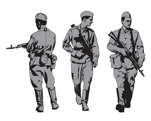 Soviet army soldier in uniform with a machine gun. Isolated figures on white background