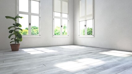 Fototapeta premium Empty white roomt interior with huge windows and wooden floor. 3D Rendering