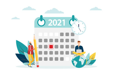 Fototapeta na wymiar vector illustration. human characters make up an online timetable on a tablet. Planning for 2021. designing business graphics, planning tasks for the week - Vector.