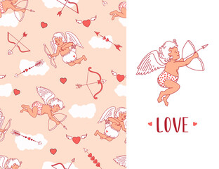 Seamless pattern with cupids, arrows and hearts. Valentine's day greeting card. Vector background.