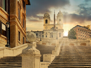 The Spanish Steps in Rome without people and tourists at sunset.