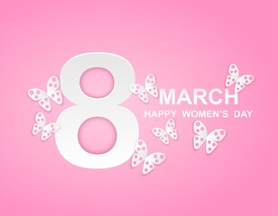 8 march. Happy Woman's Day. Card design with paper art white butterflies. pink background .Vector.