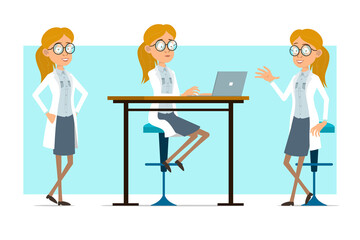 Cartoon flat funny blonde doctor woman character in white uniform and glasses. Girl posing for photo and working on laptop. Ready for animation. Isolated on blue background. Vector set.