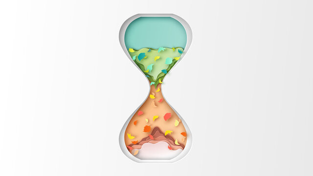 Design a hourglass is changing season from Summer to Autumn. Hourglass design for Autumn. paper cut and craft style. vector, illustration.