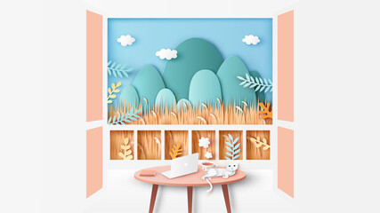 Autumn nature meadow scenery and working area on the balcony. Autumn workspace. paper cut and craft style. vector, illustration.