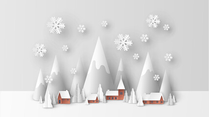 Winter urban countryside landscape. Countryside landscape in winter. Merry Christmas and Happy New Year. paper cut and craft style. vector, illustration. - obrazy, fototapety, plakaty