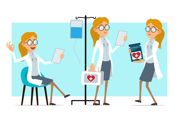 Cartoon flat funny blonde doctor woman character in white uniform and glasses. Girl reading note, holding, medical jar and first aid kit. Ready for animation. Isolated on blue background. Vector set.