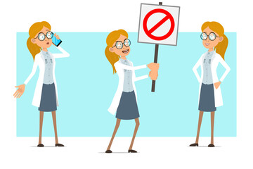 Cartoon flat funny blonde doctor woman character in white uniform and glasses. Girl talking on phone and holding no entry stop sign. Ready for animation. Isolated on blue background. Vector set.