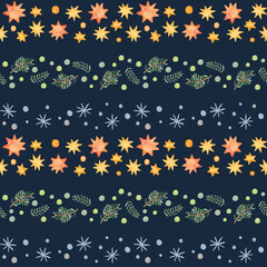 Fototapeta na wymiar Watercolor seamless pattern with pine branches,stars and snowflakes