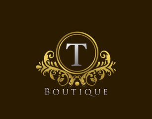 Luxury Boutique Letter T Logo. Vintage Golden Badge Design Vector.