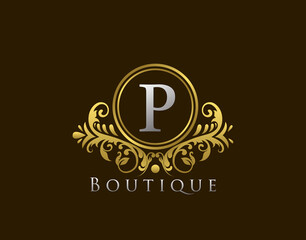 Luxury Boutique Letter P Logo. Vintage Golden Badge Design Vector.