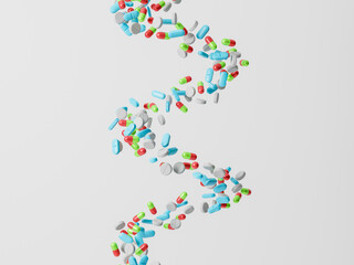 Medicine pills or tablets which falling down. Levitation capsules. Pharmacy background with drug on a white background. 3d rendering