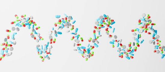 Medicine pills or tablets which falling down. Levitation capsules. Pharmacy background with drug on a white background. 3d rendering