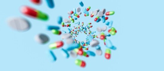 Medicine pills or tablets which falling down. Levitation capsules. Pharmacy background with drug on a white background. 3d rendering