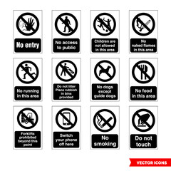 Prohibitory signs icon set of black and white types. Isolated vector sign symbols. Icon pack.