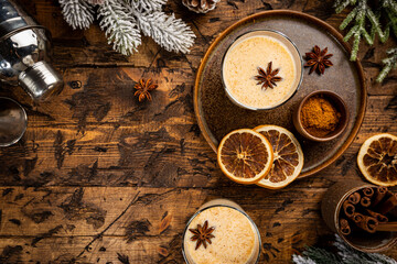 Eggnog, Traditional Christmas Drink, Homemade Cocktail with Cinnamon and Nutmeg for Winter Holidays, Top View