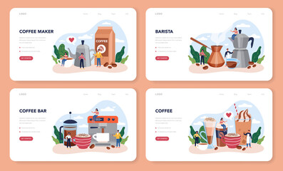 Naklejka premium Barista web banner or landing page set. Bartender making a cup of hot coffe.