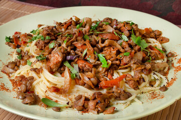 vegetarian spaghetti bolognese with lentils on a light plate