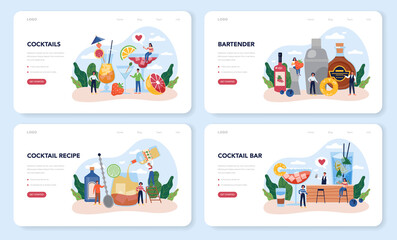 Bartender web banner or landing page set. Barman preparing alcoholic drinks