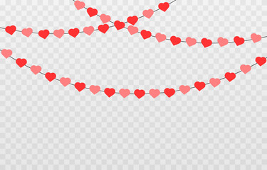 Vector garland of hearts. Hearts for Valentine's Day. Garland png, hearts png. Garland of love on an isolated transparent background.