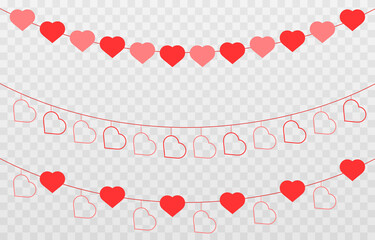 Vector garland of hearts. Hearts for Valentine's Day. Garland png, hearts png. Garland of love on an isolated transparent background.