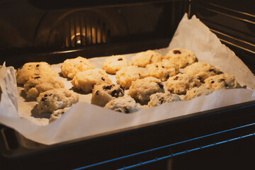 Homemade oatmeal ruddy cookies with raisin on the baking sheet in the oven close-up